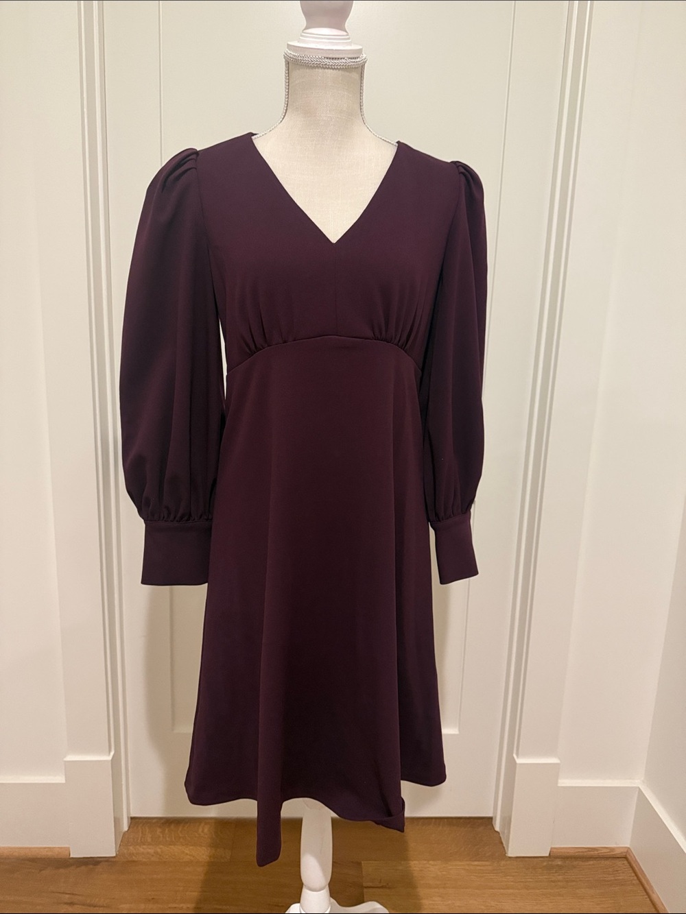 Calvin Klein V-Neck Long Sleeve Midi Dress in Deep Plum